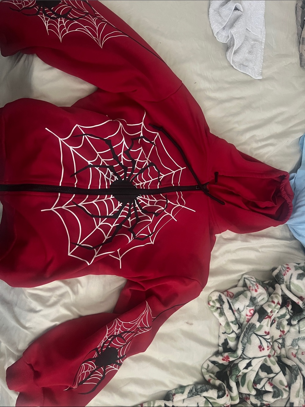 Red Zip-Up Hoodie Sweater with Spider Web Graphic
